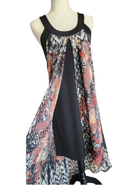 SL Fashions High Low Dress S Black Animal Print Abstract Chiffon Boho Overlay